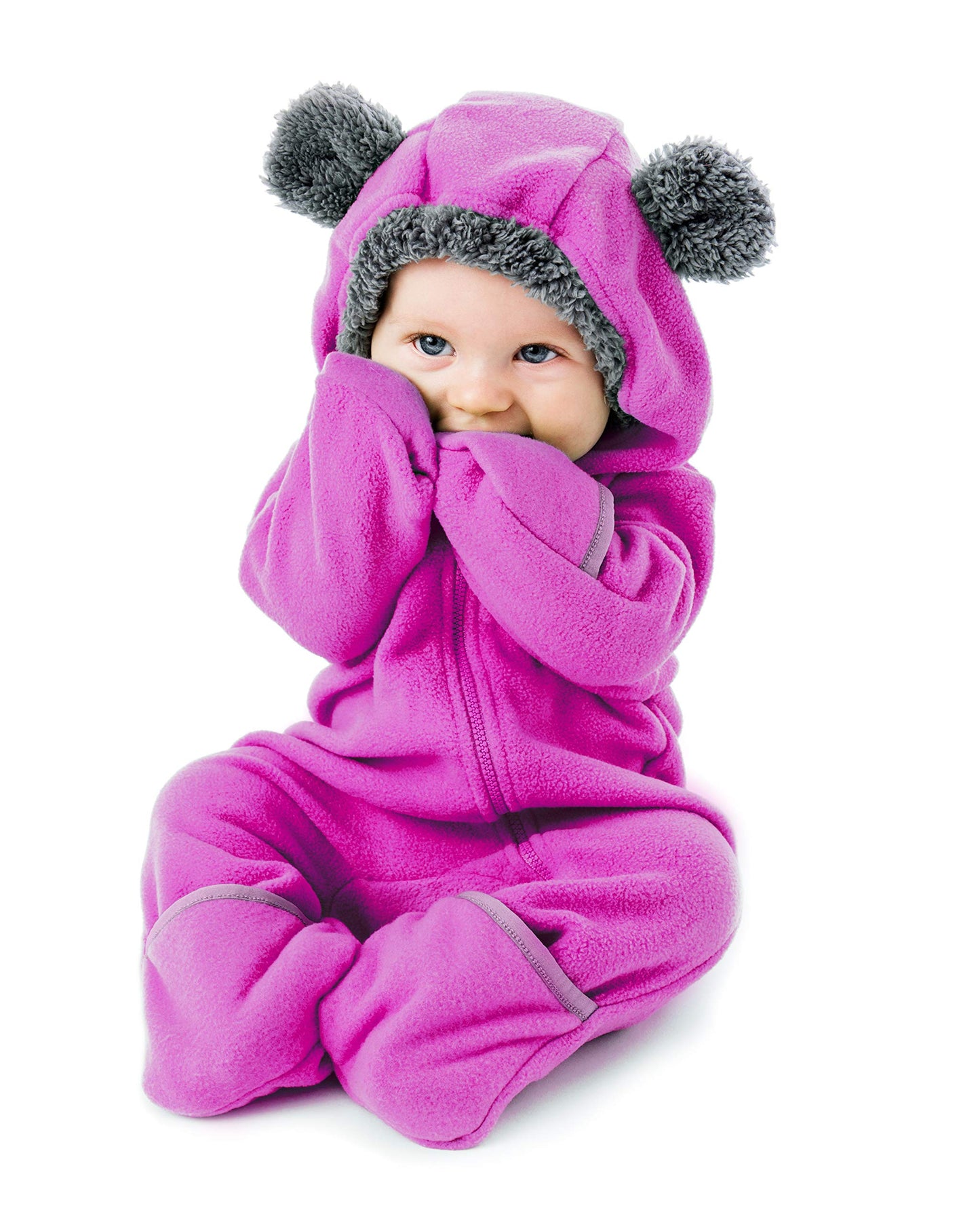 Fleece Baby Bunting Bodysuit – Infant One Piece Kids Hooded Romper Outerwear Toddler Jacket Bear - Purple 12-18 Months