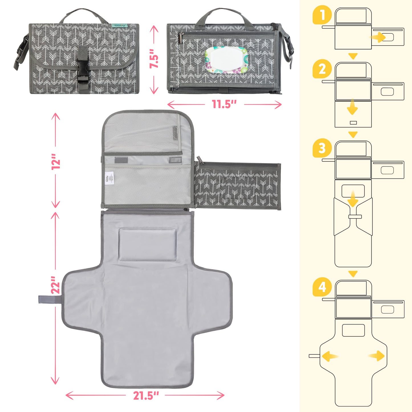 Kopi Baby Portable Diaper Changing Pad - Baby Changing Pad & Diaper Changer Travel Bag, Smart Design Baby Changing Mat, Portable Changing Pad for Baby - Baby Changing Station, Infant Gift - Grey