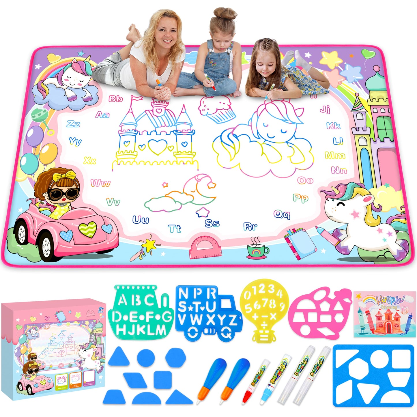 Water Doodle Mat - Kids Painting Writing Color Doodle Drawing Mat Toy Bring Magic Pens Educational Toys for Age 2 3 4 5 6 7 Year Old Girls Boys Age Toddler Gift