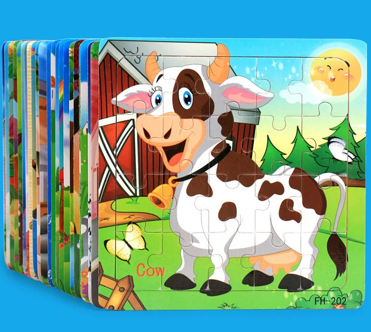 New 20 Piece Wooden 3d Puzzle Cartoon Animal Vehicle Jigsaw Puzzle Montessori Educational Toys For Kids Baby 1 2 3 Years