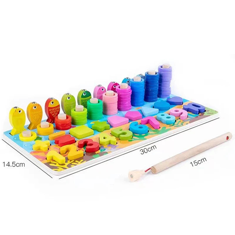 Kids Montessori Math Toys For Toddlers Educational Wooden Puzzle Fishing Toys Count Number Shape Matching Sorter Games Board Toy