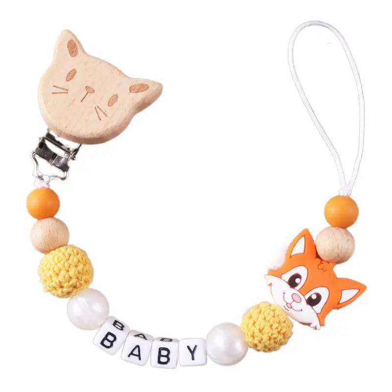 New Personalized Baby Pacifier Clip Beech Wood Animal Clip Custom Name Teether Pacifier Anti-Drop Molar Chain Baby Toy