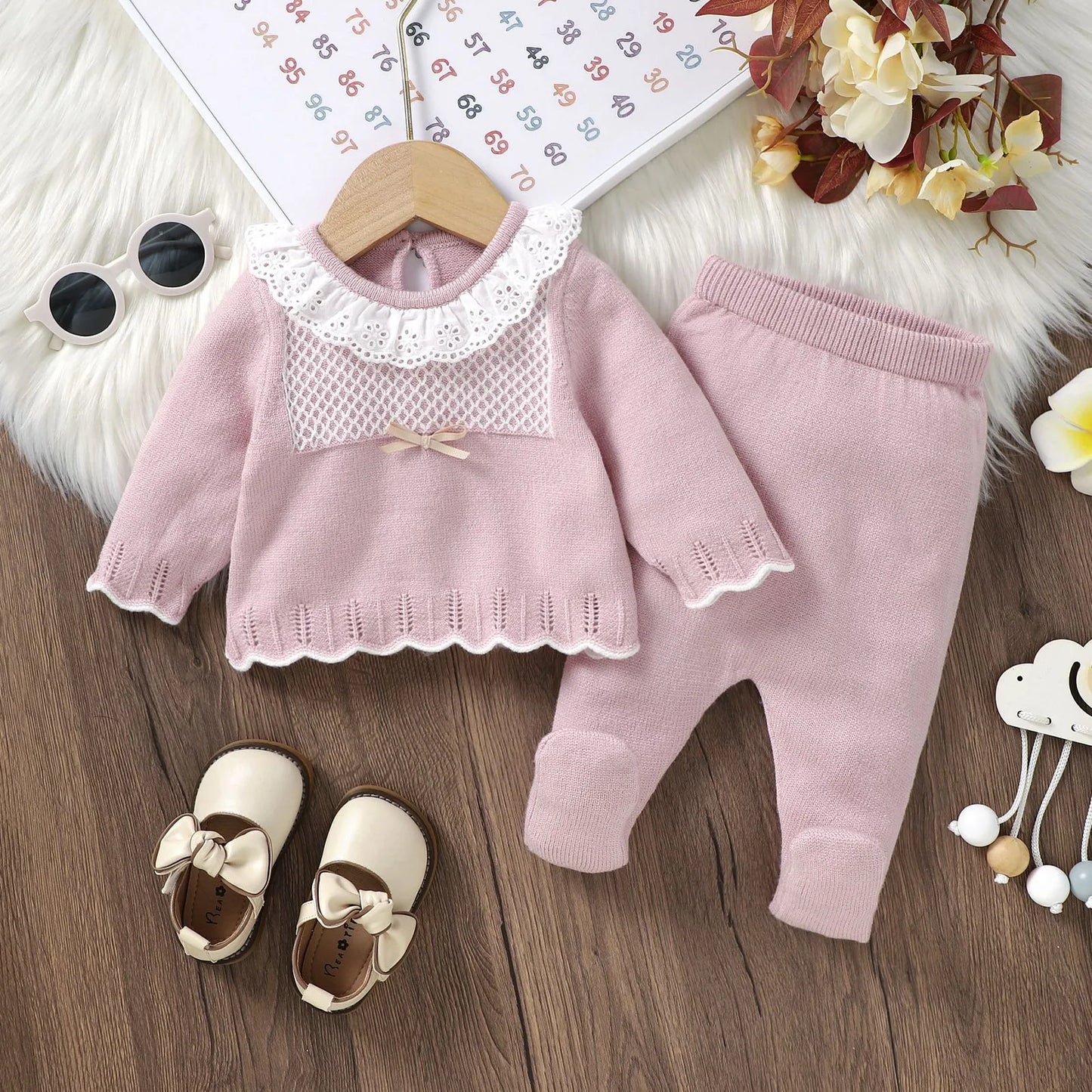 2pcs New Born Infant Clothes Spring Autumn Winter Toddler Kids Girls Crew Neck Long Sleeve Sweaters Tops+Pants Outfits 0-9M Wear