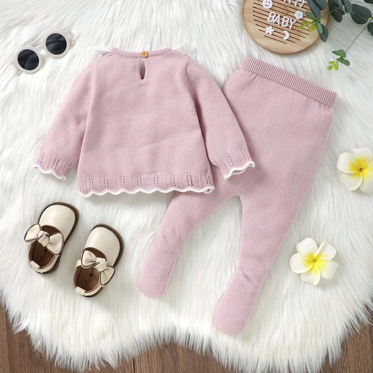 2pcs New Born Infant Clothes Spring Autumn Winter Toddler Kids Girls Crew Neck Long Sleeve Sweaters Tops+Pants Outfits 0-9M Wear