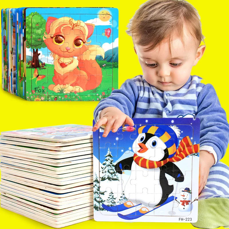 New 20 Piece Wooden 3d Puzzle Cartoon Animal Vehicle Jigsaw Puzzle Montessori Educational Toys for Kids Baby 1 2 3 Years