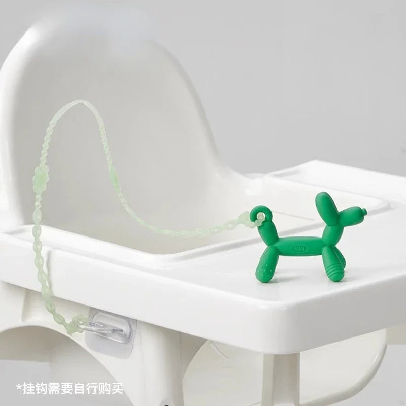 Balloon dog teether, baby food-grade silicone teething stick toy with anti-drop chain, teether and bite toy.