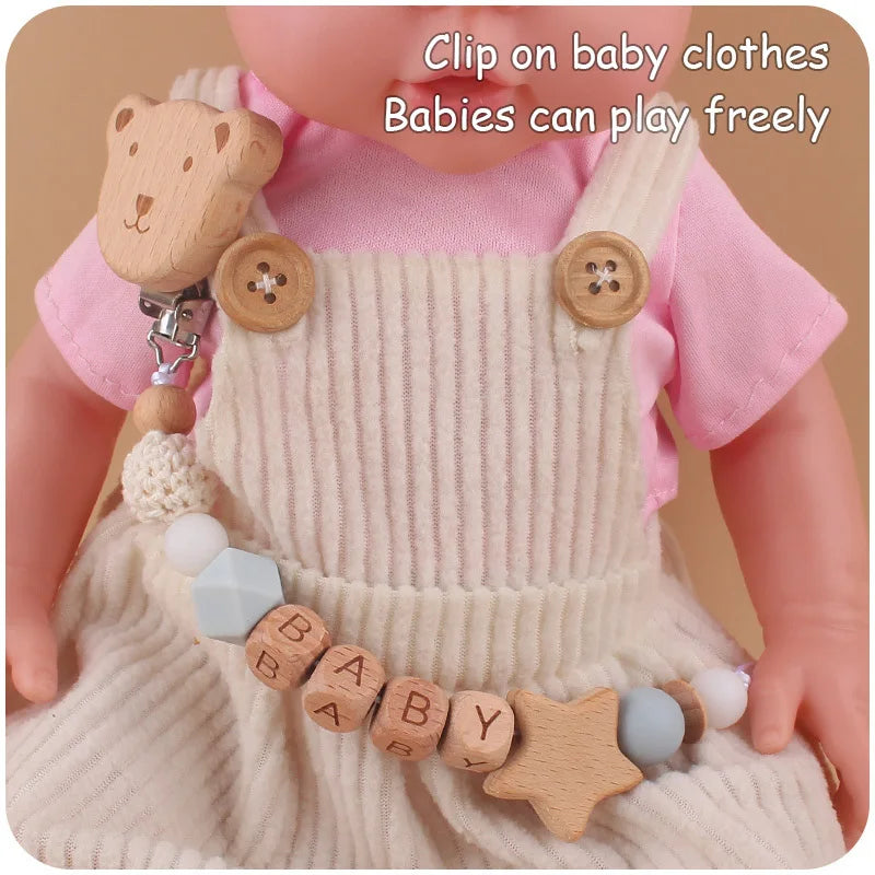 Baby Pacifiers Clips Personalized Name Cartoon Bear Beech wooden Star Dummy Nipple Holder Clip Teething Toy Accessories BPA Free