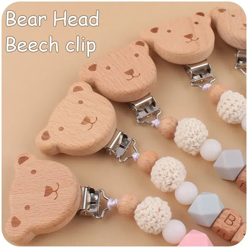 Baby Pacifiers Clips Personalized Name Cartoon Bear Beech wooden Star Dummy Nipple Holder Clip Teething Toy Accessories BPA Free