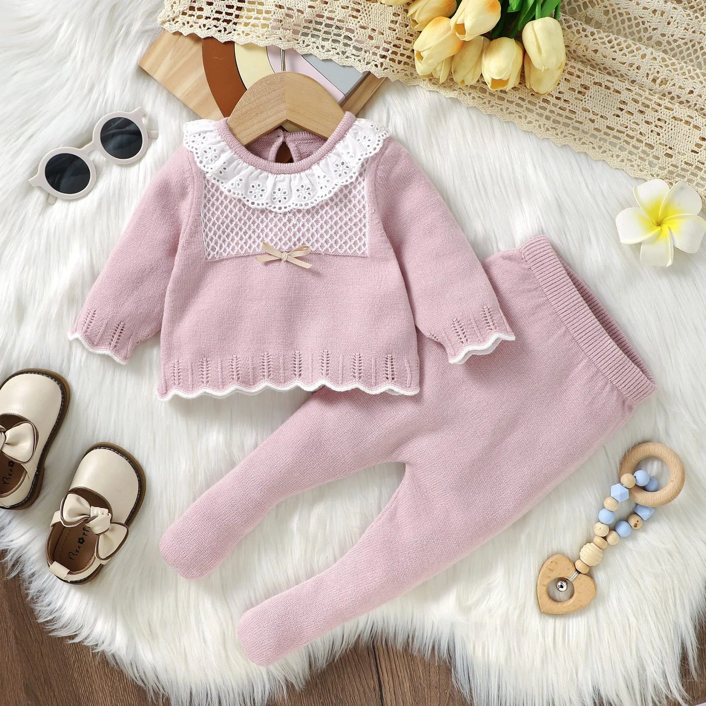 2pcs New Born Infant Clothes Spring Autumn Winter Toddler Kids Girls Crew Neck Long Sleeve Sweaters Tops+Pants Outfits 0-9M Wear