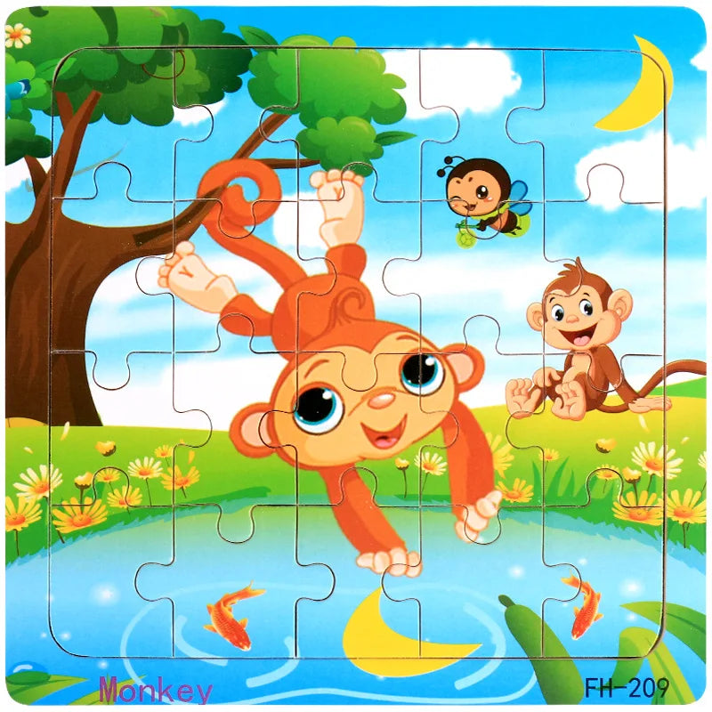 New 20 Piece Wooden 3d Puzzle Cartoon Animal Vehicle Jigsaw Puzzle Montessori Educational Toys for Kids Baby 1 2 3 Years