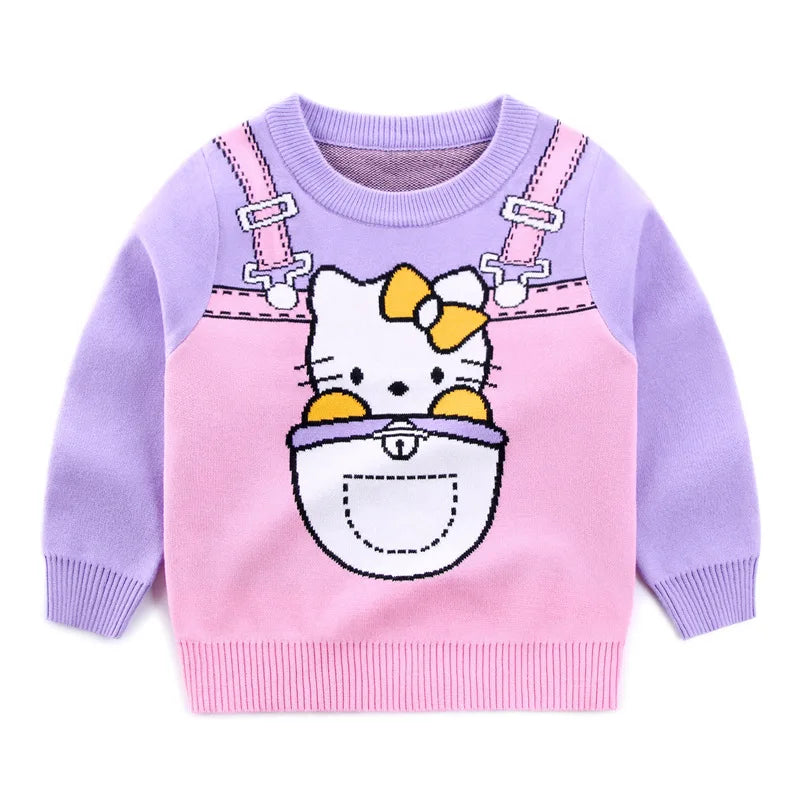 Autumn Winter Fashion Long Sleeve Sweater Girl Cute Blue Cat Pattern Knitted Sweater Casual Pullover Children Wear Baby Knitwear