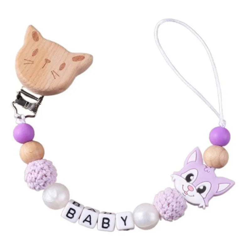 New Personalized Baby Pacifier Clip Beech Wood Animal Clip Custom Name Teether Pacifier Anti-Drop Molar Chain Baby Toy