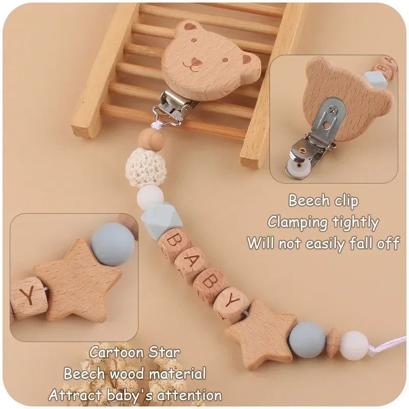 Baby Pacifiers Clips Personalized Name Cartoon Bear Beech wooden Star Dummy Nipple Holder Clip Teething Toy Accessories BPA Free