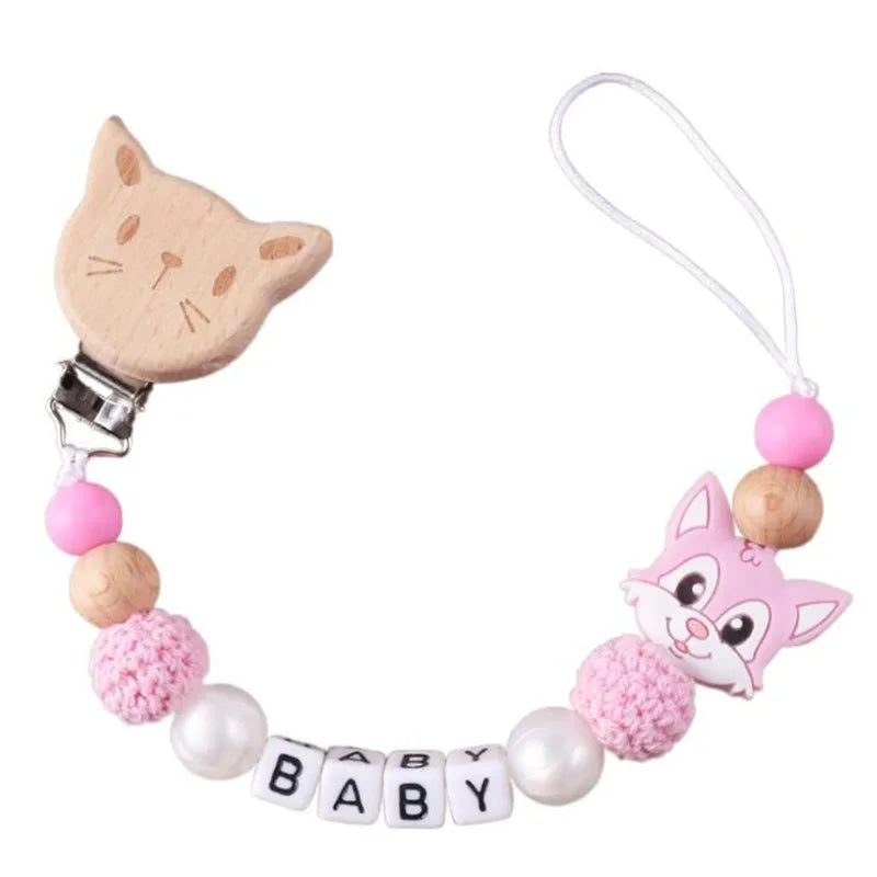 New Personalized Baby Pacifier Clip Beech Wood Animal Clip Custom Name Teether Pacifier Anti-Drop Molar Chain Baby Toy