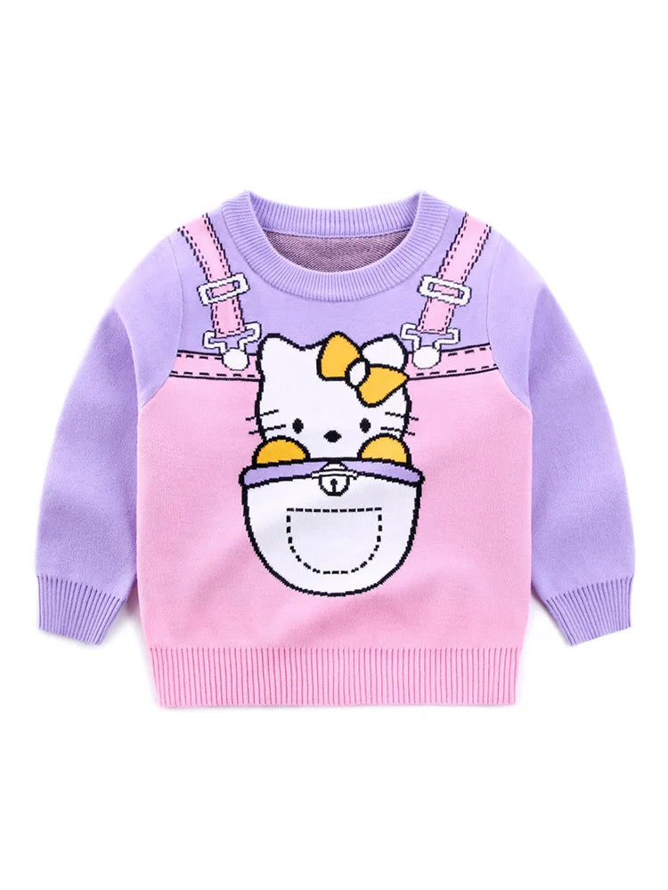 Autumn Winter Fashion Long Sleeve Sweater Girl Cute Blue Cat Pattern Knitted Sweater Casual Pullover Children Wear Baby Knitwear