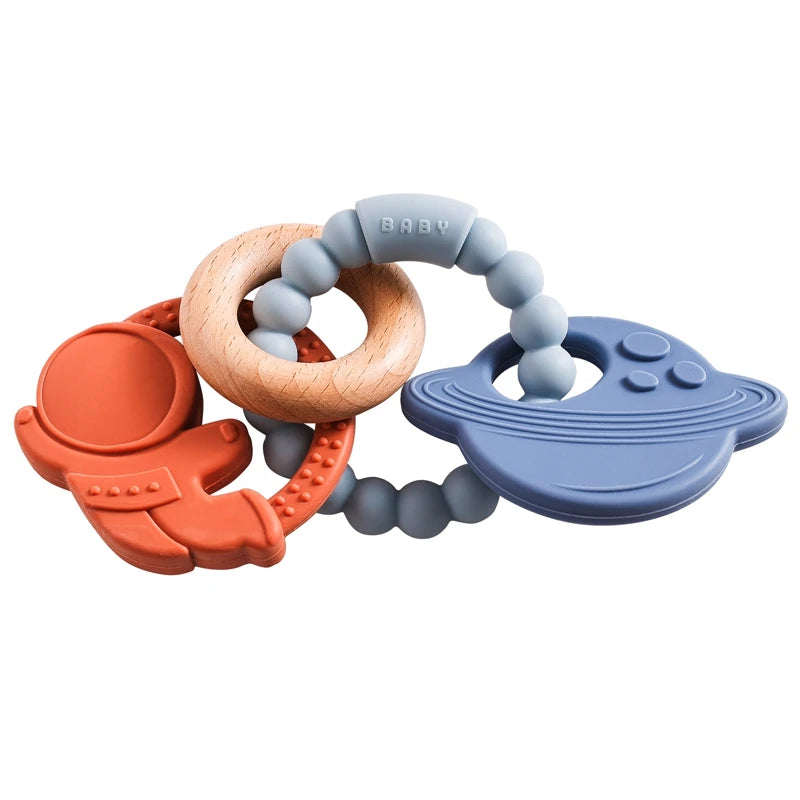 1Pc Baby Silicone Ring Teether Toys BPA Free Silicone Bracelet Rabbit Teething Toys Wooden Ring Nursing Tooth for Newborn Gift