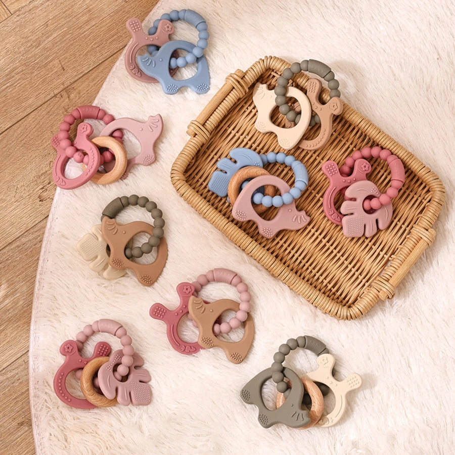 1Pc Baby Silicone Ring Teether Toys BPA Free Silicone Bracelet Rabbit Teething Toys Wooden Ring Nursing Tooth for Newborn Gift