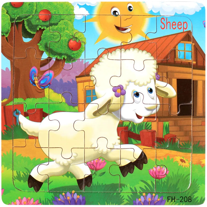 New 20 Piece Wooden 3d Puzzle Cartoon Animal Vehicle Jigsaw Puzzle Montessori Educational Toys for Kids Baby 1 2 3 Years