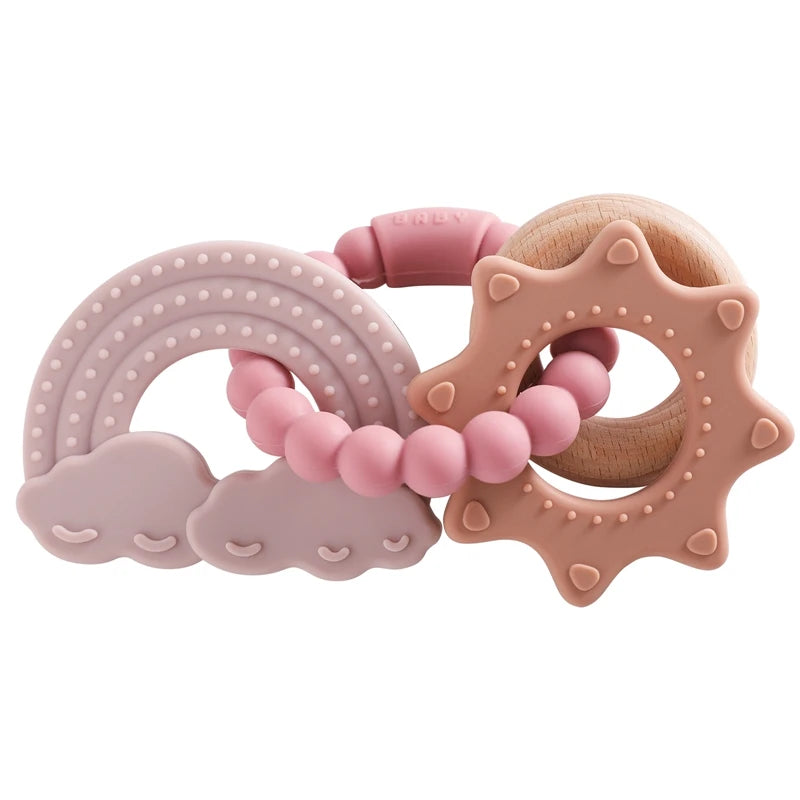 1Pc Baby Silicone Ring Teether Toys BPA Free Silicone Bracelet Rabbit Teething Toys Wooden Ring Nursing Tooth for Newborn Gift