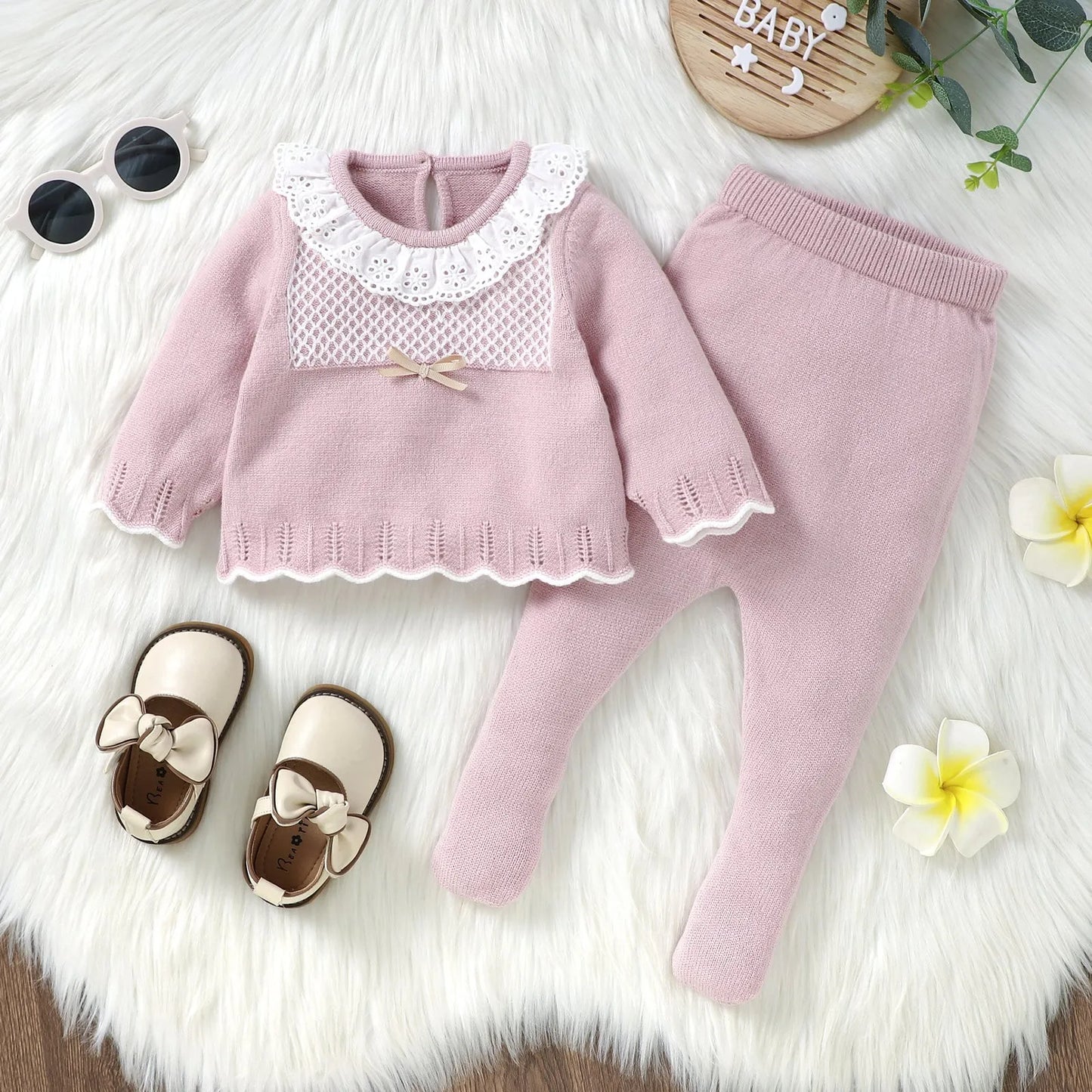 2pcs New Born Infant Clothes Spring Autumn Winter Toddler Kids Girls Crew Neck Long Sleeve Sweaters Tops+Pants Outfits 0-9M Wear