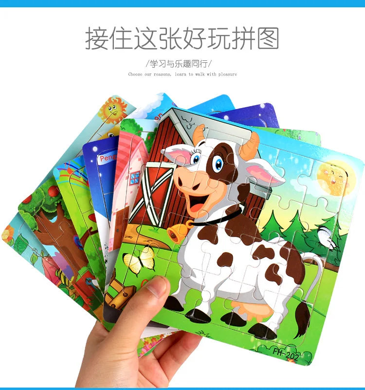 New 20 Piece Wooden 3d Puzzle Cartoon Animal Vehicle Jigsaw Puzzle Montessori Educational Toys for Kids Baby 1 2 3 Years