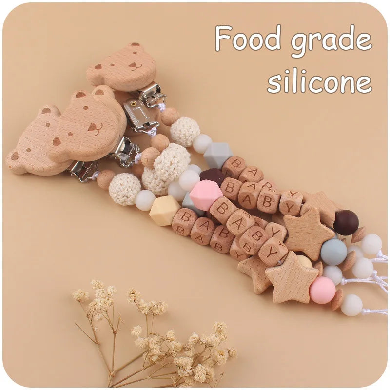 Baby Pacifiers Clips Personalized Name Cartoon Bear Beech wooden Star Dummy Nipple Holder Clip Teething Toy Accessories BPA Free