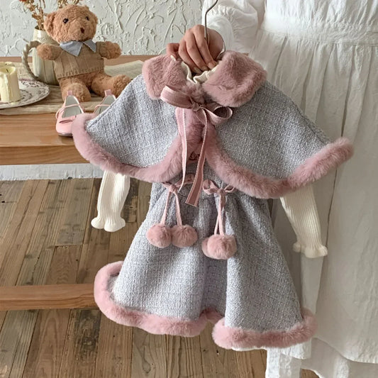 Girls Suit 2024 Winter New Childrens Wear Korean Style Girl Baby Sweet Ball Ball Dress Furry Cloak Coat 3-piece Casual Simple