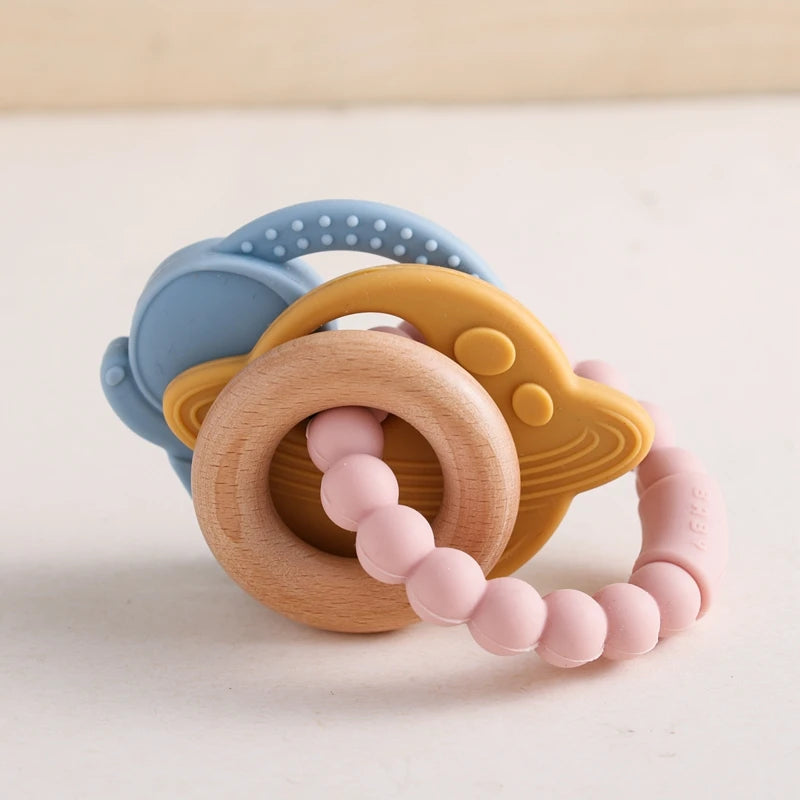 1Pc Baby Silicone Ring Teether Toys BPA Free Silicone Bracelet Rabbit Teething Toys Wooden Ring Nursing Tooth for Newborn Gift