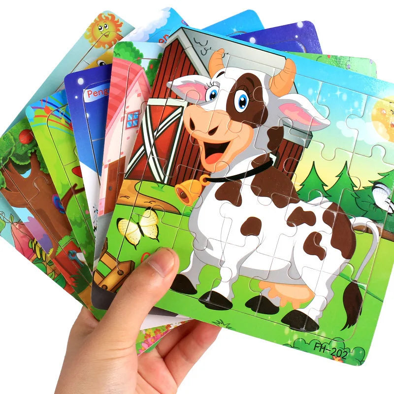 New 20 Piece Wooden 3d Puzzle Cartoon Animal Vehicle Jigsaw Puzzle Montessori Educational Toys for Kids Baby 1 2 3 Years