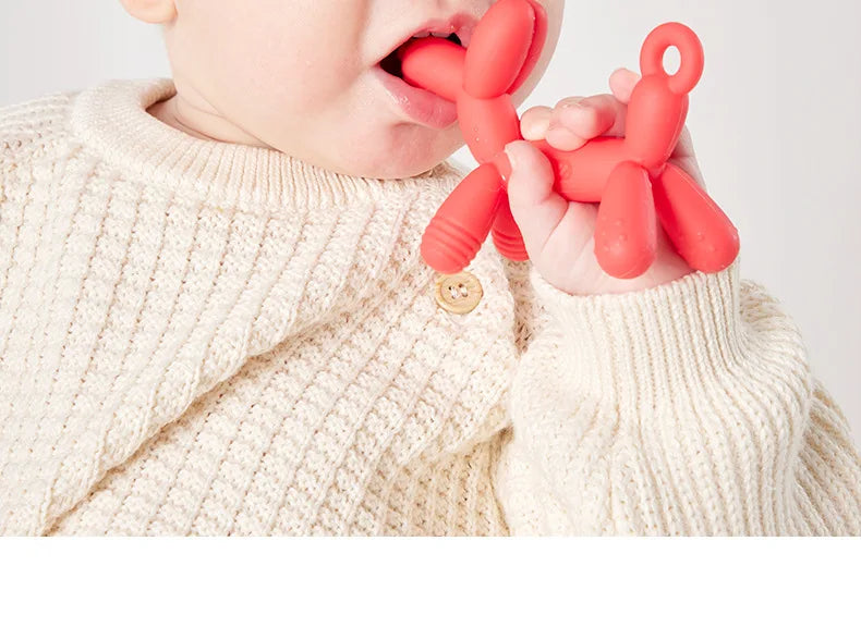 Balloon dog teether, baby food-grade silicone teething stick toy with anti-drop chain, teether and bite toy.