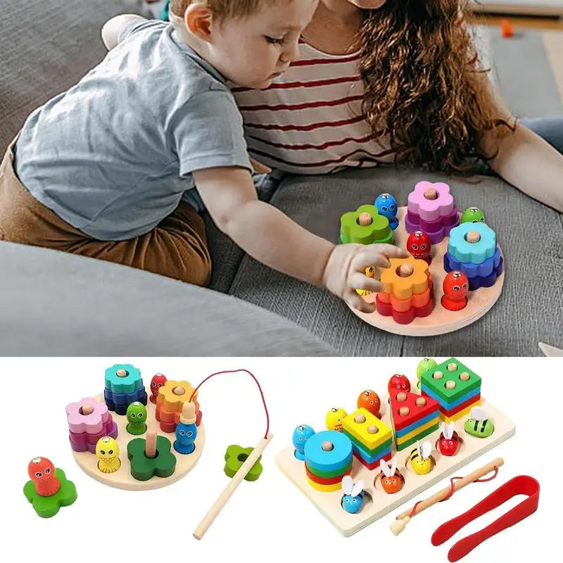 Wooden Shape Sorter Wooden Blocks Fishing Stacking Toy Montessori Shape Sorter Toys Intelligence Educational Toys For Kids Gifts