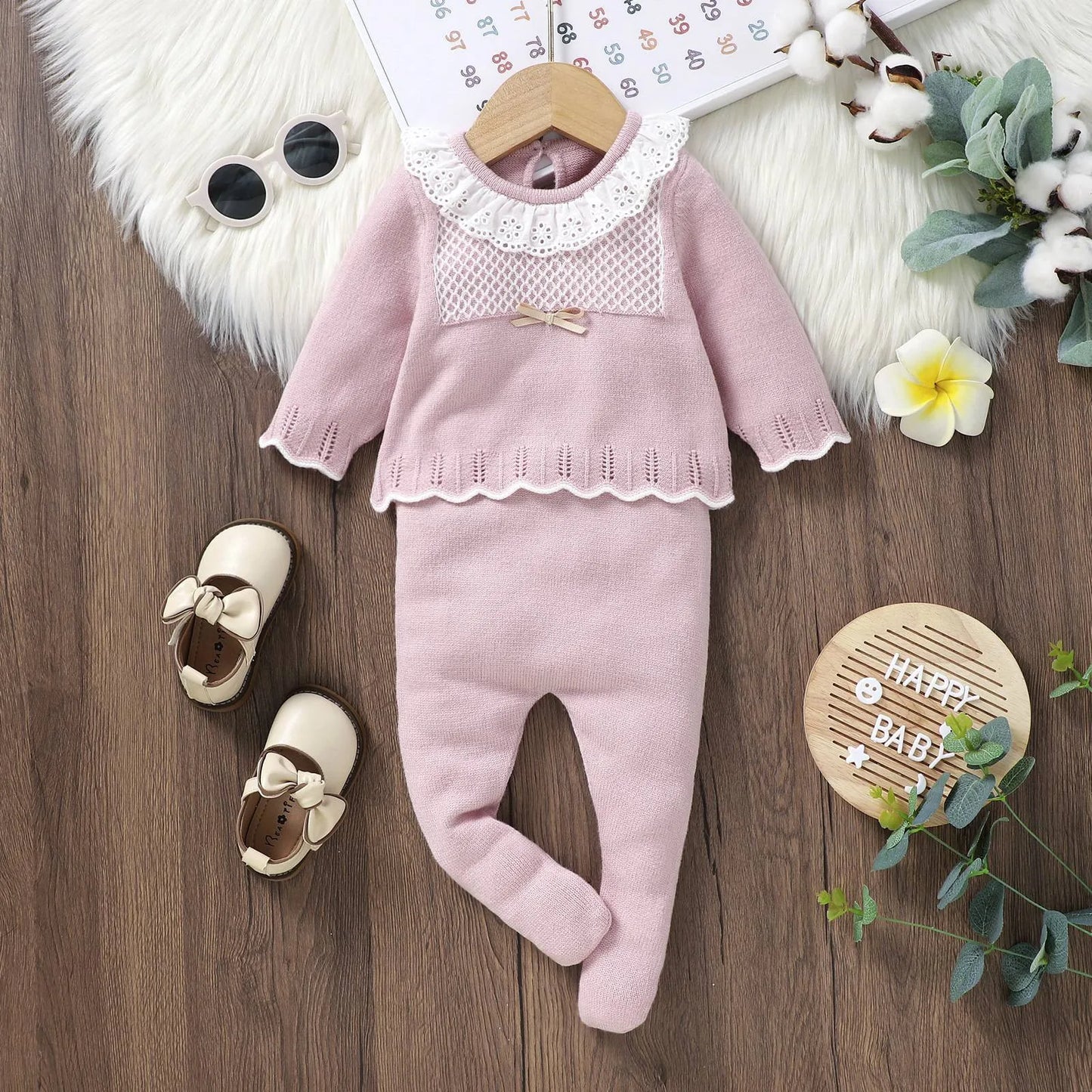 2pcs New Born Infant Clothes Spring Autumn Winter Toddler Kids Girls Crew Neck Long Sleeve Sweaters Tops+Pants Outfits 0-9M Wear