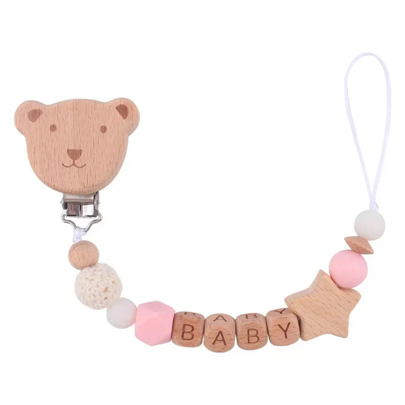 Baby Pacifiers Clips Personalized Name Cartoon Bear Beech wooden Star Dummy Nipple Holder Clip Teething Toy Accessories BPA Free