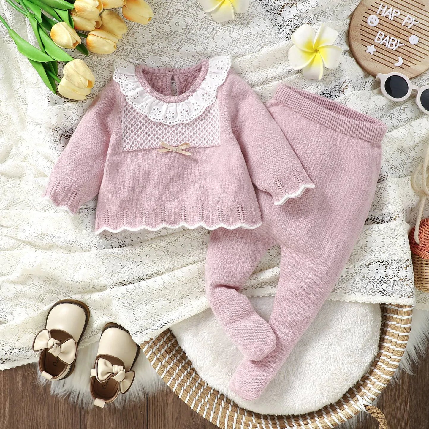 2pcs New Born Infant Clothes Spring Autumn Winter Toddler Kids Girls Crew Neck Long Sleeve Sweaters Tops+Pants Outfits 0-9M Wear