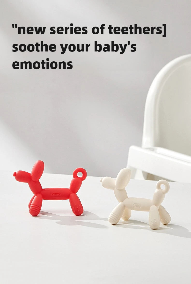 Balloon dog teether, baby food-grade silicone teething stick toy with anti-drop chain, teether and bite toy.