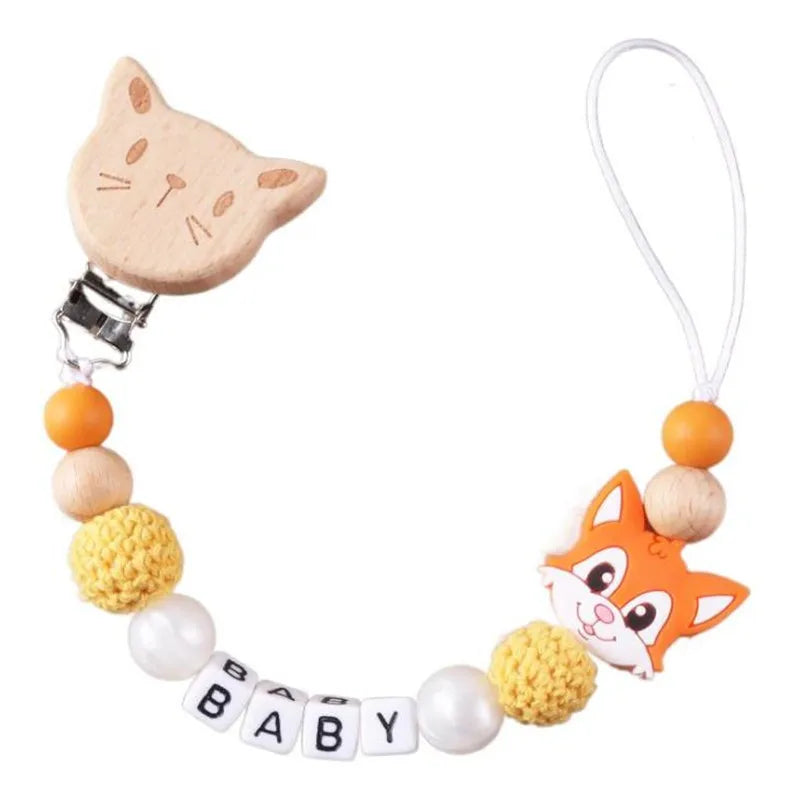 New Personalized Baby Pacifier Clip Beech Wood Animal Clip Custom Name Teether Pacifier Anti-Drop Molar Chain Baby Toy