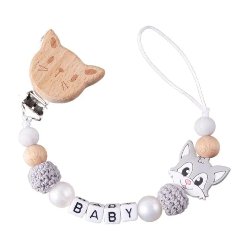 New Personalized Baby Pacifier Clip Beech Wood Animal Clip Custom Name Teether Pacifier Anti-Drop Molar Chain Baby Toy