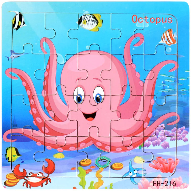 New 20 Piece Wooden 3d Puzzle Cartoon Animal Vehicle Jigsaw Puzzle Montessori Educational Toys for Kids Baby 1 2 3 Years