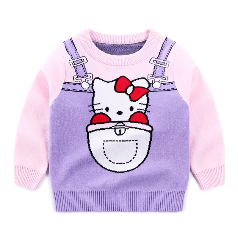 Autumn Winter Fashion Long Sleeve Sweater Girl Cute Blue Cat Pattern Knitted Sweater Casual Pullover Children Wear Baby Knitwear