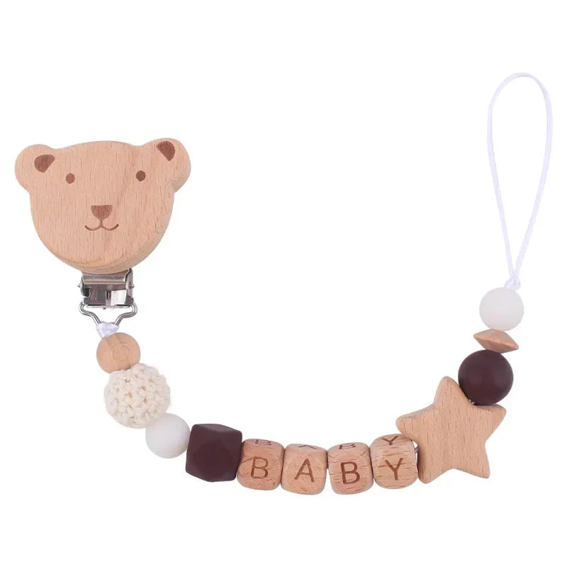 Baby Pacifiers Clips Personalized Name Cartoon Bear Beech wooden Star Dummy Nipple Holder Clip Teething Toy Accessories BPA Free