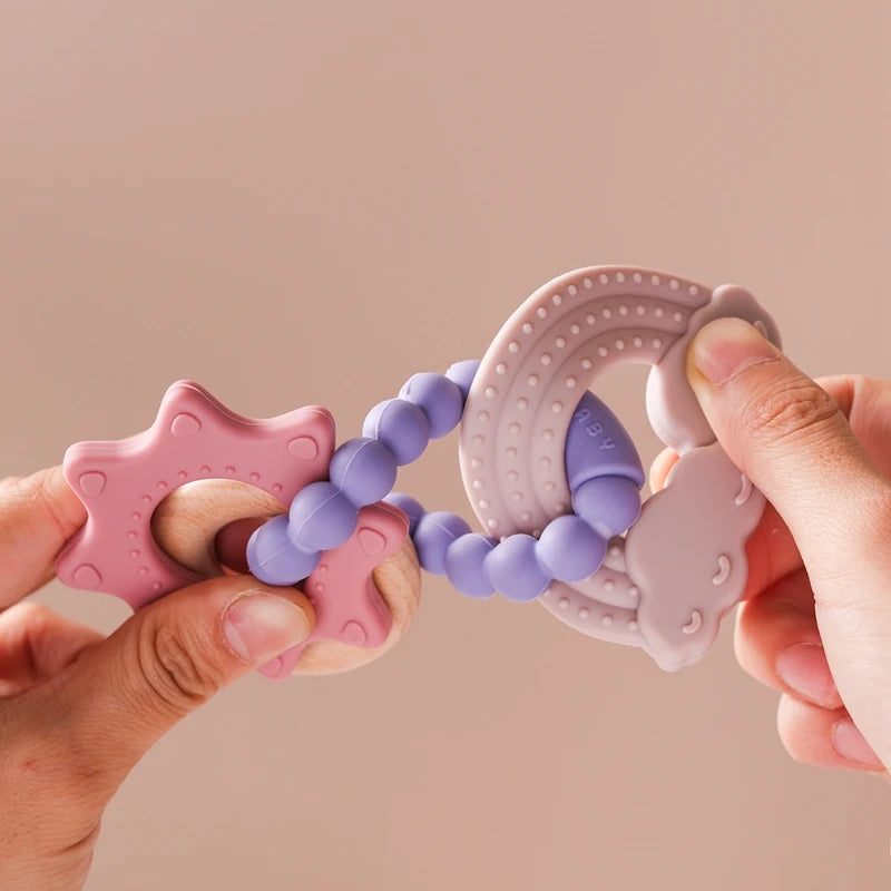 1Pc Baby Silicone Ring Teether Toys BPA Free Silicone Bracelet Rabbit Teething Toys Wooden Ring Nursing Tooth for Newborn Gift