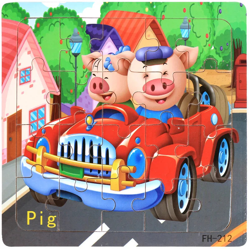 New 20 Piece Wooden 3d Puzzle Cartoon Animal Vehicle Jigsaw Puzzle Montessori Educational Toys for Kids Baby 1 2 3 Years