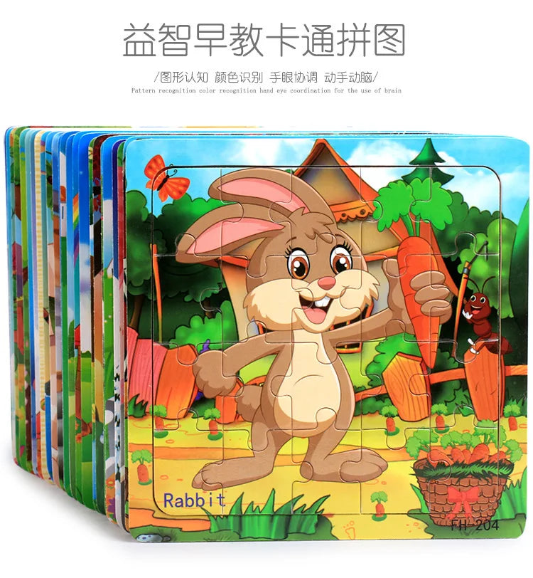 New 20 Piece Wooden 3d Puzzle Cartoon Animal Vehicle Jigsaw Puzzle Montessori Educational Toys for Kids Baby 1 2 3 Years