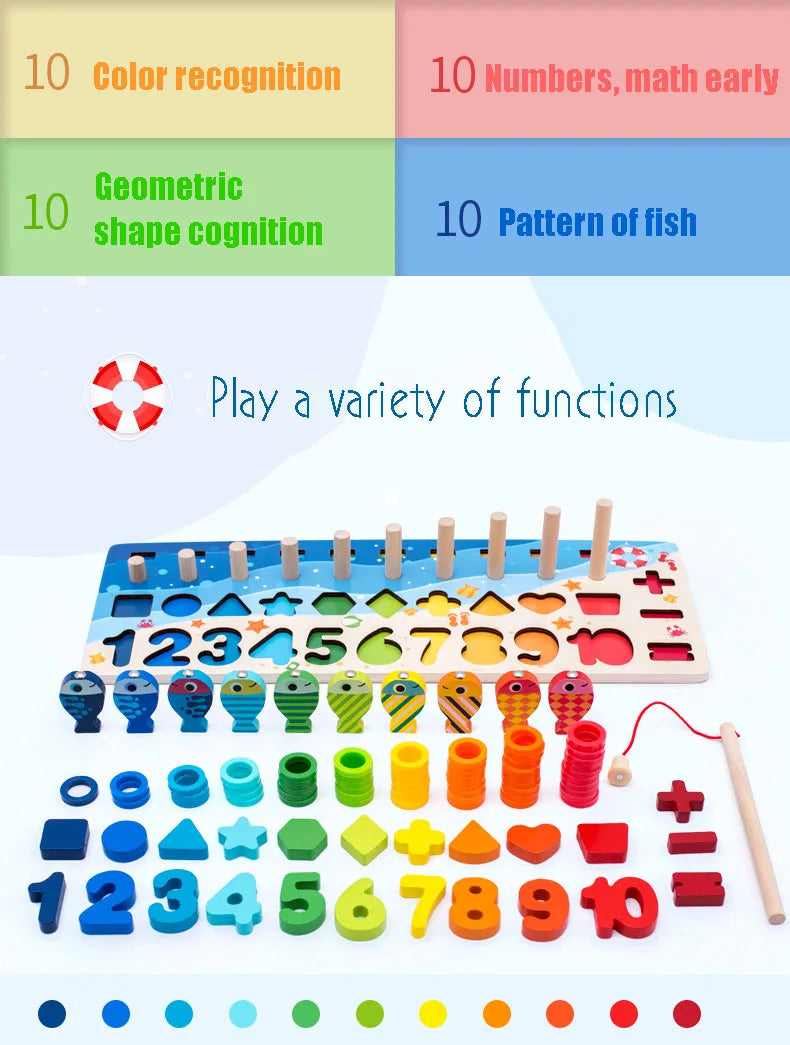 Kids Montessori Math Toys For Toddlers Educational Wooden Puzzle Fishing Toys Count Number Shape Matching Sorter Games Board Toy