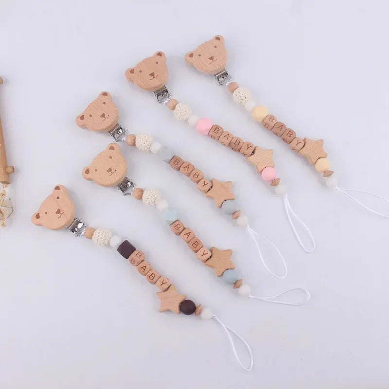 Baby Pacifiers Clips Personalized Name Cartoon Bear Beech wooden Star Dummy Nipple Holder Clip Teething Toy Accessories BPA Free