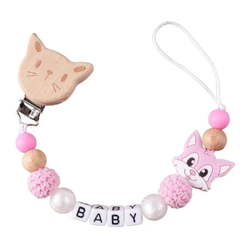 New Personalized Baby Pacifier Clip Beech Wood Animal Clip Custom Name Teether Pacifier Anti-Drop Molar Chain Baby Toy