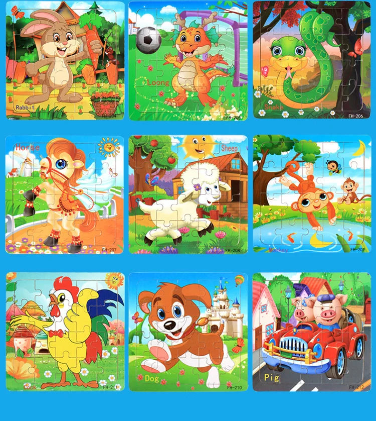 New 20 Piece Wooden 3d Puzzle Cartoon Animal Vehicle Jigsaw Puzzle Montessori Educational Toys For Kids Baby 1 2 3 Years