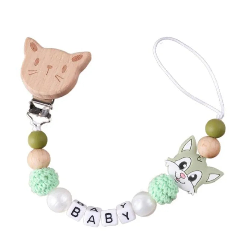 New Personalized Baby Pacifier Clip Beech Wood Animal Clip Custom Name Teether Pacifier Anti-Drop Molar Chain Baby Toy