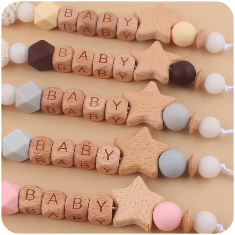 Baby Pacifiers Clips Personalized Name Cartoon Bear Beech wooden Star Dummy Nipple Holder Clip Teething Toy Accessories BPA Free