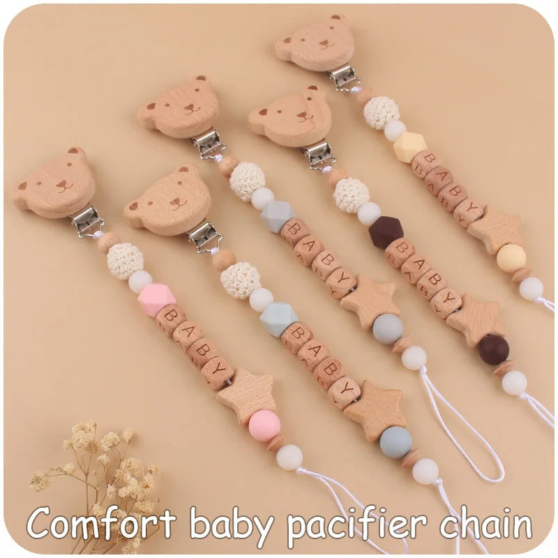 Baby Pacifiers Clips Personalized Name Cartoon Bear Beech wooden Star Dummy Nipple Holder Clip Teething Toy Accessories BPA Free